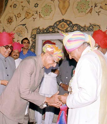 People congratulating the Maharaja Brigadier Sawai Bhawani Singh on his birthday at City Palace, Jaipur.
